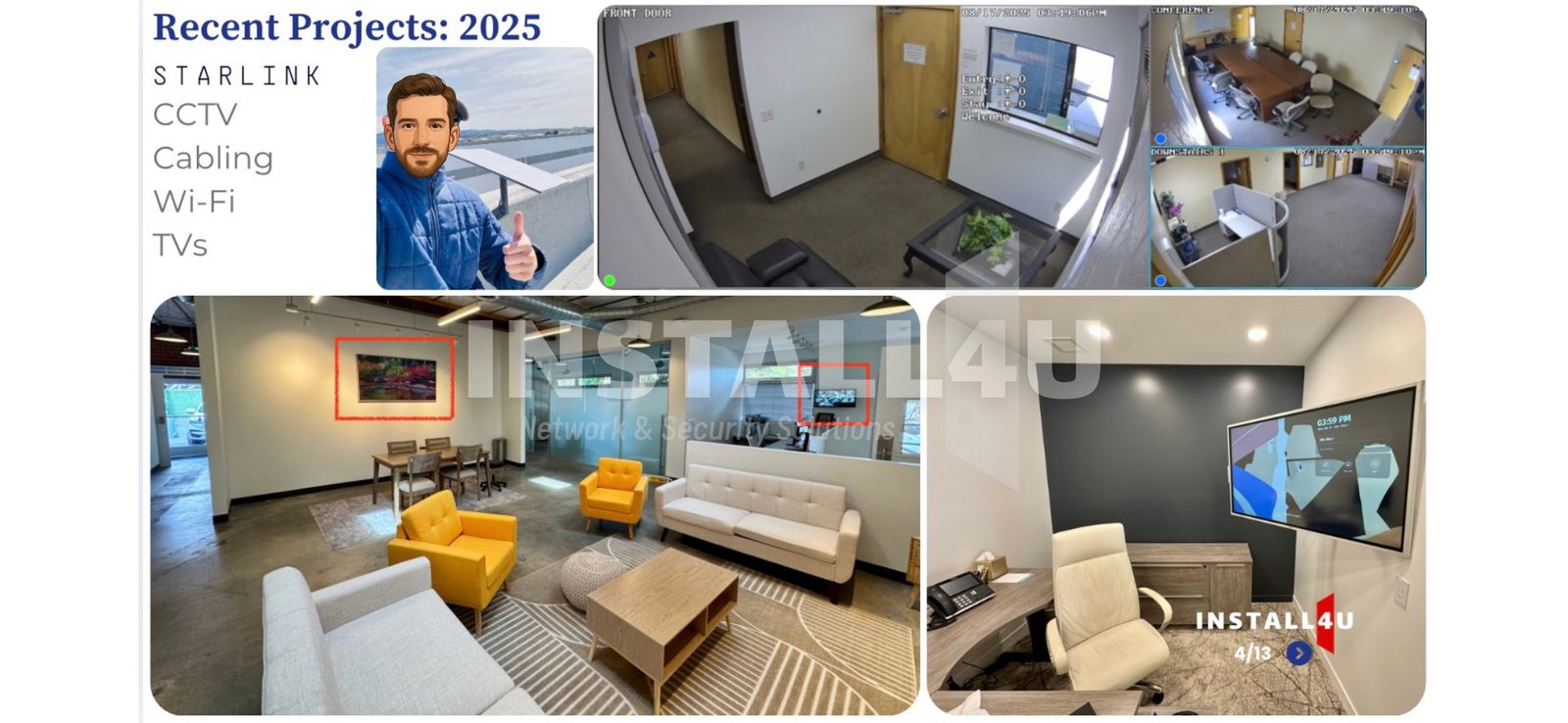 Recent Install4U projects 2025 — Starlink, CCTV, cabling, Wi-Fi and TVs