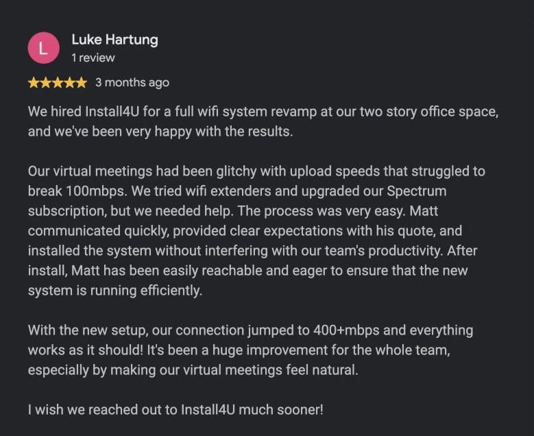 Five-star Google review from Luke Hartung