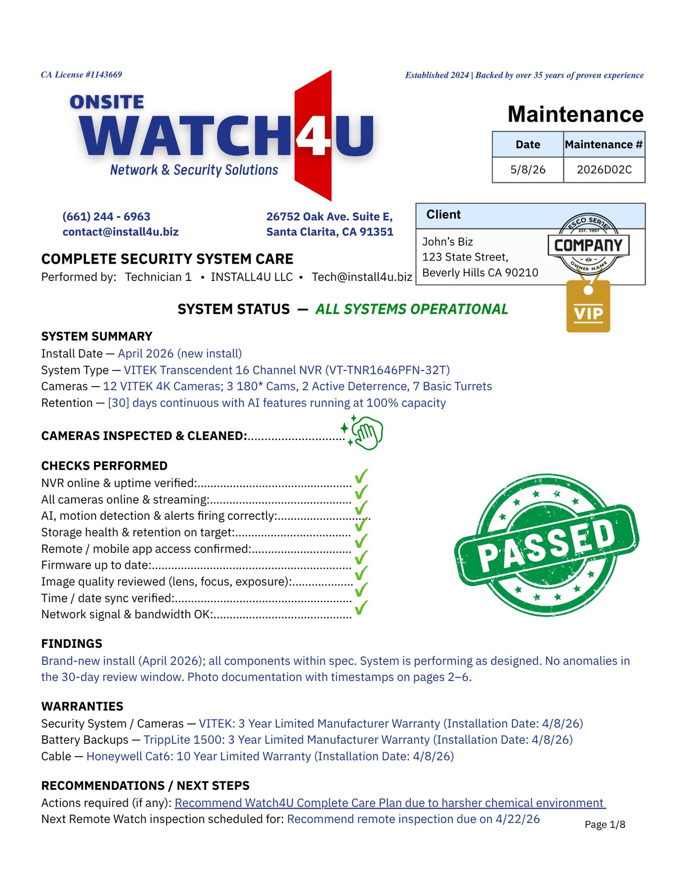 Sample Watch4U Report — page 1: cover, status, summary, checks
