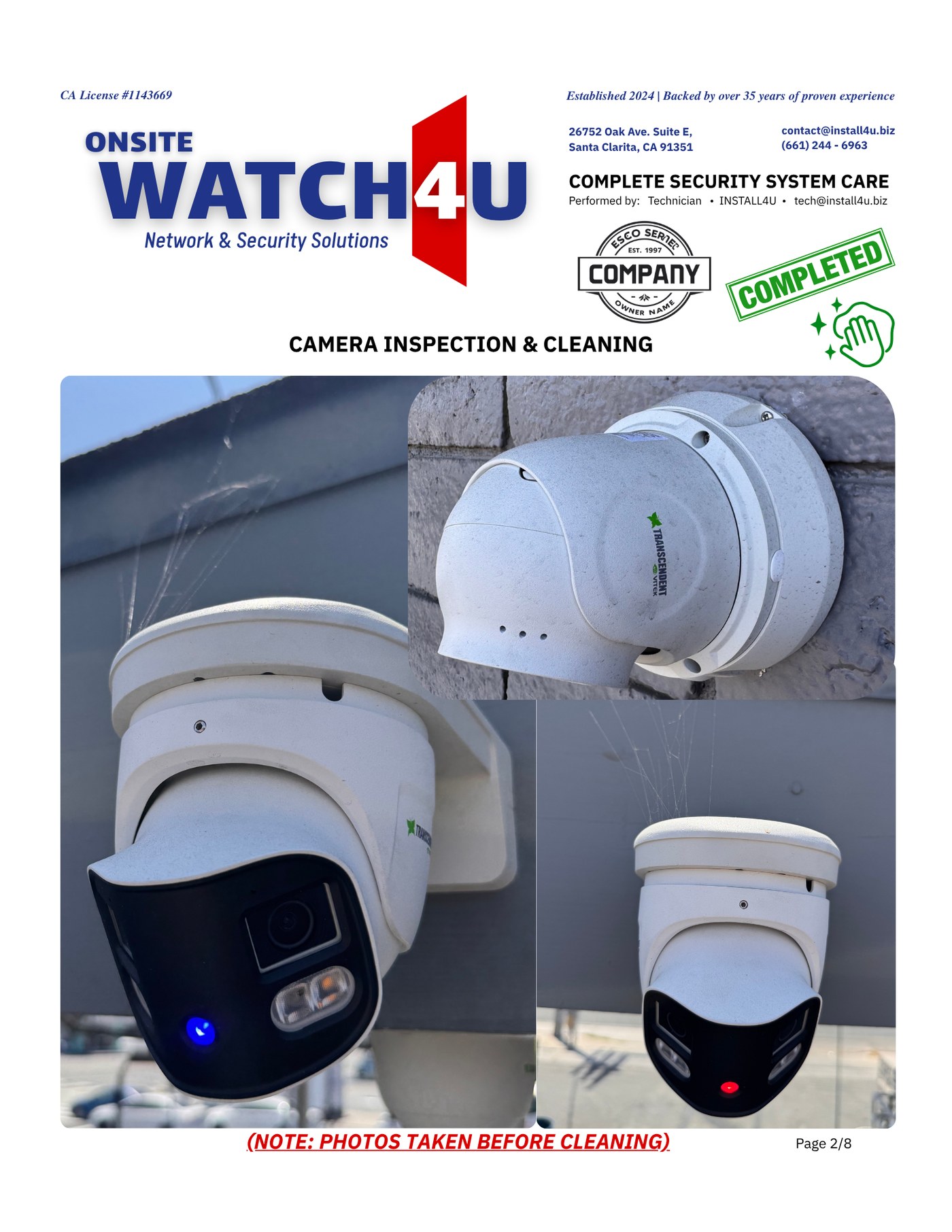 Sample Watch4U Report — page 2: camera inspection and cleaning photos