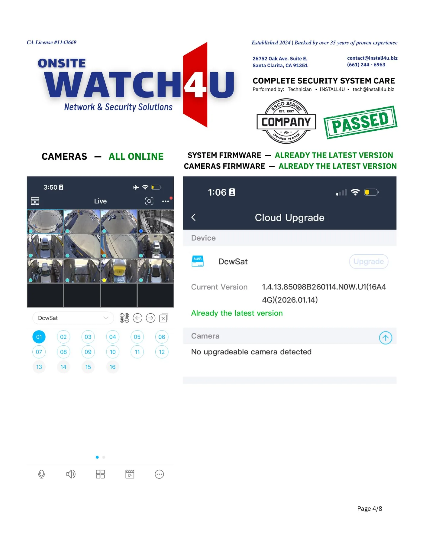 Sample Watch4U Report — page 4: all cameras online and firmware up to date
