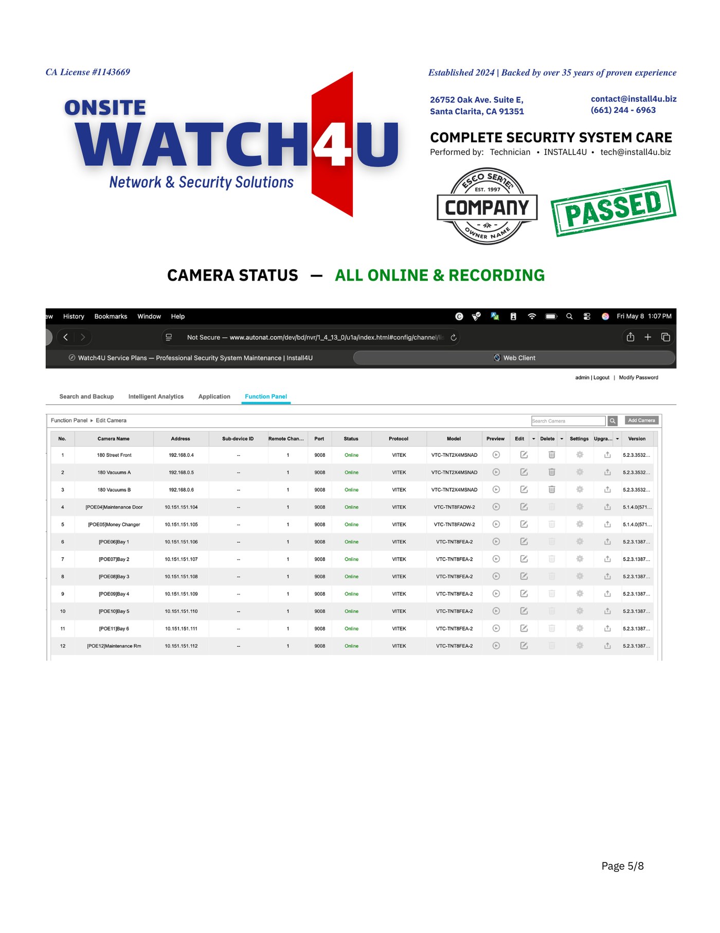 Sample Watch4U Report — page 5: camera status function panel showing 12 cameras online