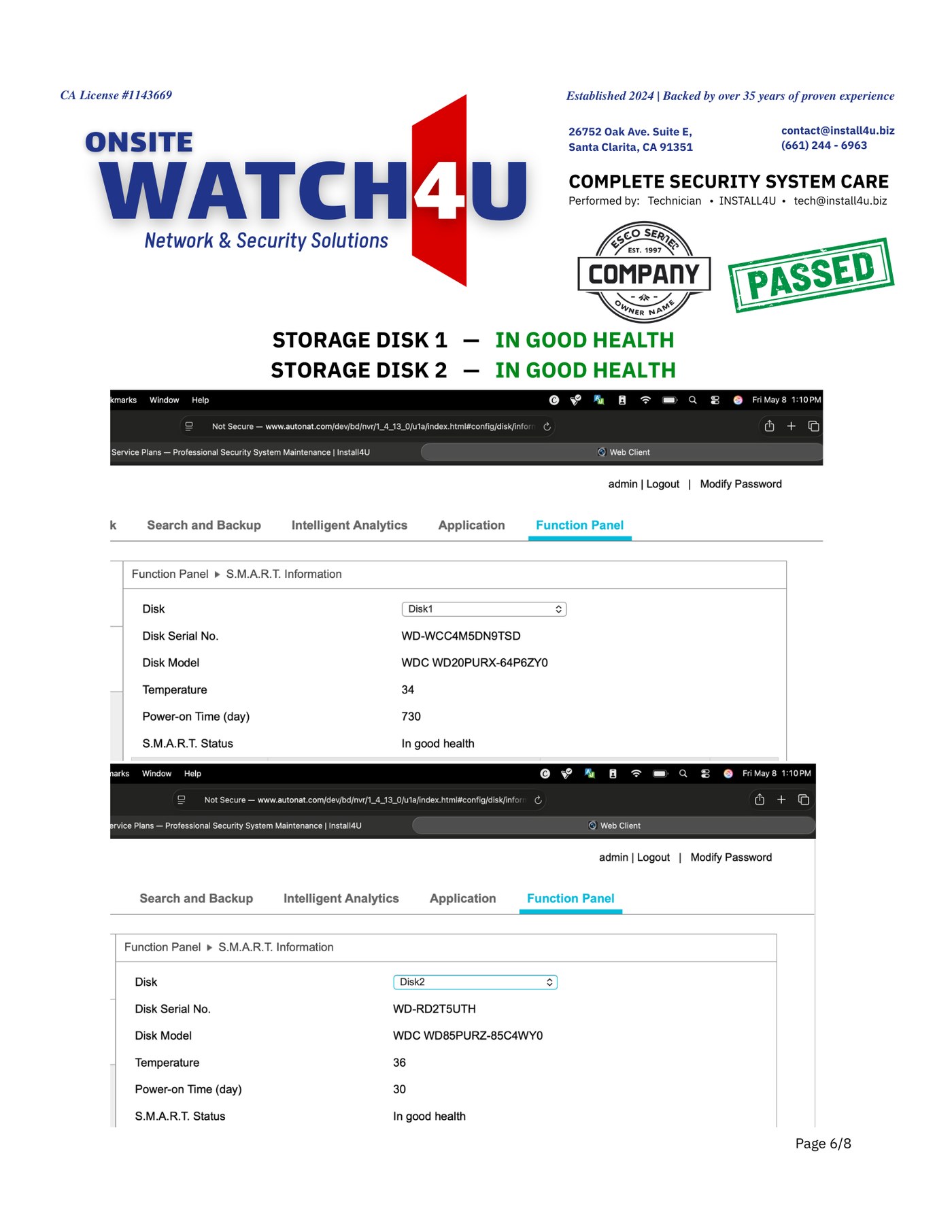Sample Watch4U Report — page 6: storage disks 1 and 2 S.M.A.R.T. health data