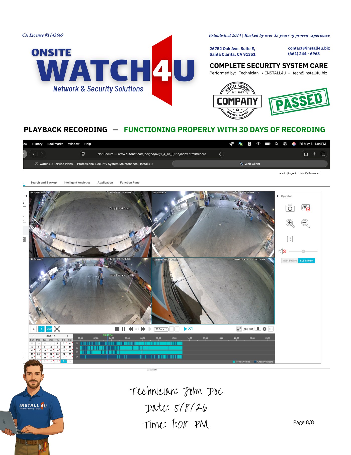 Sample Watch4U Report — page 8: playback recording verification across 30 days, technician signature